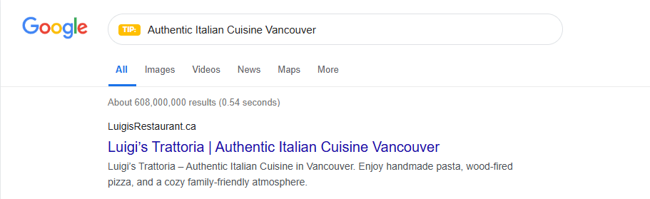 An Example of Excellent Meta Description writing to increase CTR | SEO For Restaurants Vancouver